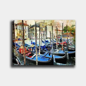 Lerretsbilde 70x100 cm - Scene med gondoler i en venetiansk kanal, omgitt av historiske bygninger - Blå / Rød / Svart - Interiør - Maleri & posters - Lerretsbilder