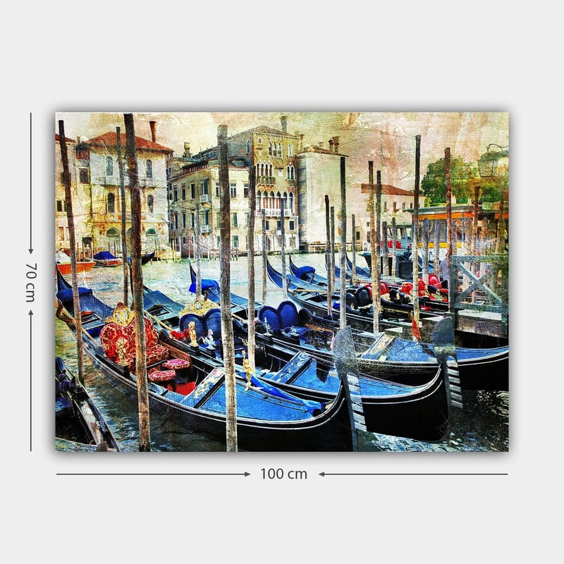 Lerretsbilde 70x100 cm - Scene med gondoler i en venetiansk kanal, omgitt av historiske bygninger - Blå / Rød / Svart - Interiør - Maleri & posters - Lerretsbilder