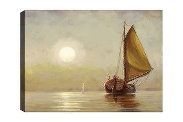 Lerretsbilde 70x100 cm - Seilbåt med brune detaljer og et stort gult seil i en rolig innsjø under en myk soloppgang - Gul / Brun / Beige - Interiør - Maleri & posters - Lerretsbilder