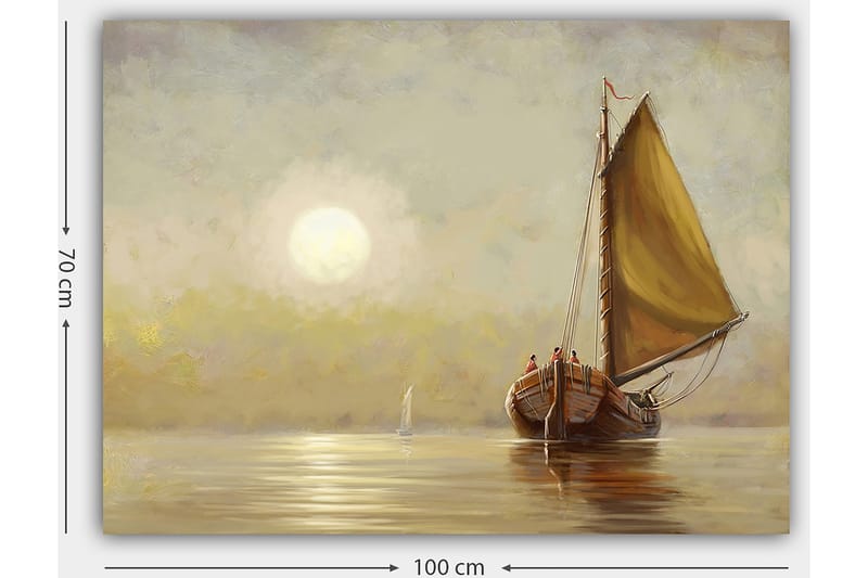 Lerretsbilde 70x100 cm - Seilbåt med brune detaljer og et stort gult seil i en rolig innsjø under en myk soloppgang - Gul / Brun / Beige - Interiør - Maleri & posters - Lerretsbilder