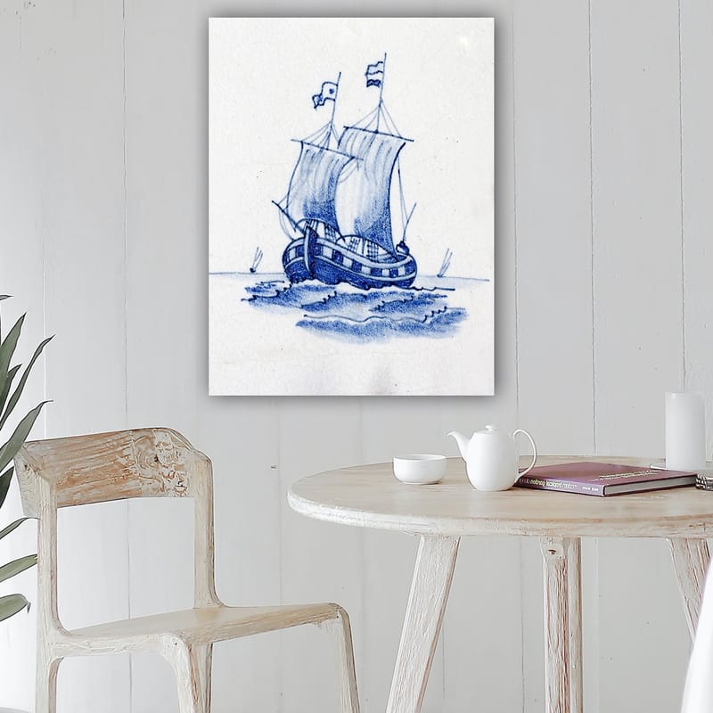 Lerretsbilde 70x100 cm - Seilbåt med hvite seil som navigerer på havet - Blå / Hvit - Interiør - Maleri & posters - Lerretsbilder