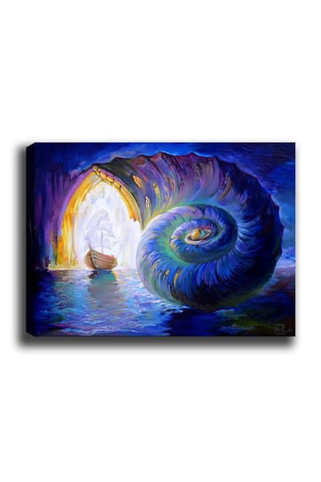 Lerretsbilde 70x100 cm - Seilbåt navigerer gjennom et stort skall som åpner seg mot en lysere verden - Blå / Grønn / Lilla - Interiør - Maleri & posters - Lerretsbilder