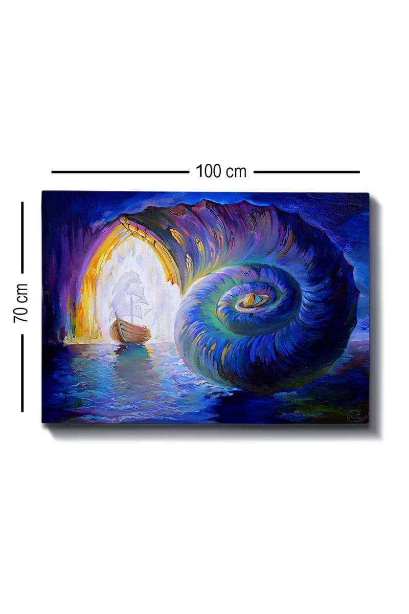 Lerretsbilde 70x100 cm - Seilbåt navigerer gjennom et stort skall som åpner seg mot en lysere verden - Blå / Grønn / Lilla - Interiør - Maleri & posters - Lerretsbilder