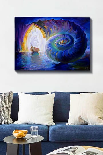 Lerretsbilde 70x100 cm - Seilbåt navigerer gjennom et stort skall som åpner seg mot en lysere verden - Blå / Grønn / Lilla - Interiør - Maleri & posters - Lerretsbilder