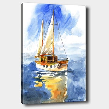 Lerretsbilde 70x100 cm - Seilbåt som glir over det glitrende vannet under en klar himmel - Blå / Hvit / Beige - Interiør - Maleri & posters - Lerretsbilder