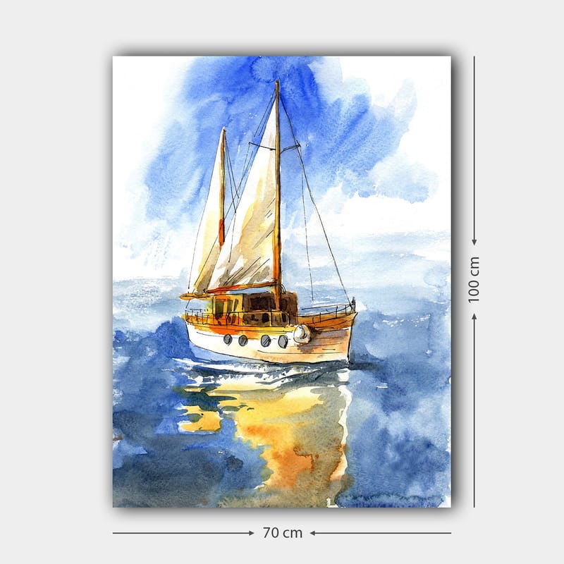 Lerretsbilde 70x100 cm - Seilbåt som glir over det glitrende vannet under en klar himmel - Blå / Hvit / Beige - Interiør - Maleri & posters - Lerretsbilder