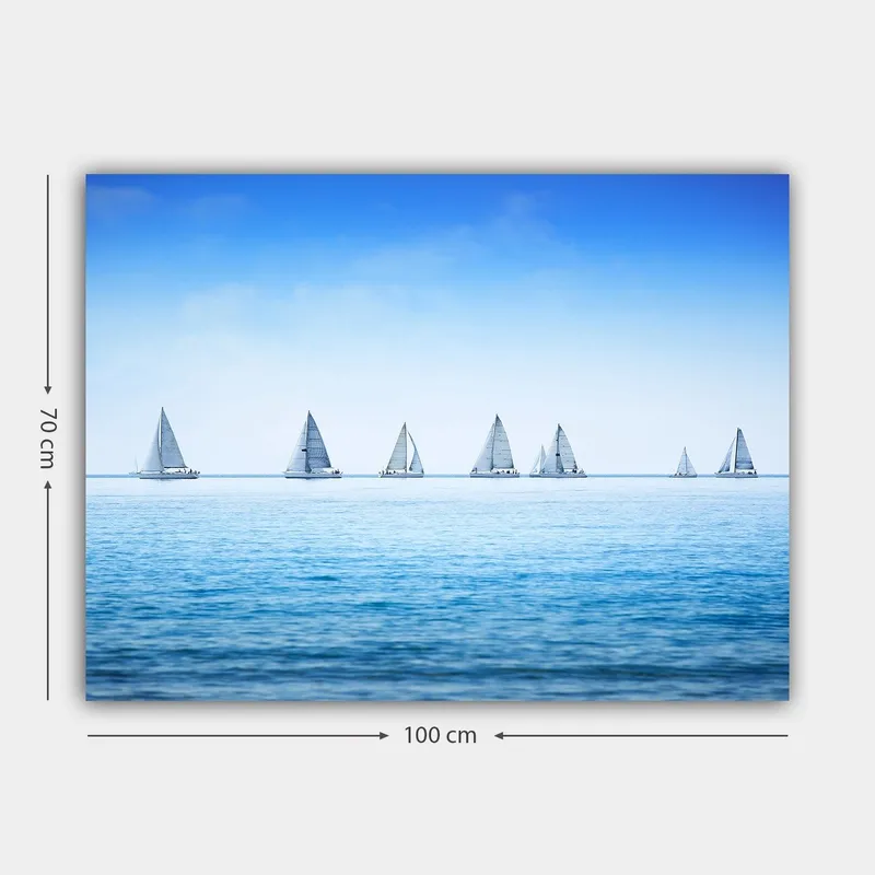 Lerretsbilde 70x100 cm - Seilbåter som glir over en rolig innsjø under en klar blå himmel - Blå / Hvit - Interiør - Maleri & posters - Lerretsbilder