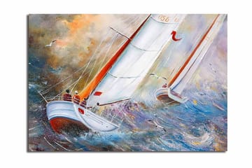 Lerretsbilde 70x100 cm - Seilbåter som navigerer gjennom stormfulle farvann - Blå / Hvit / Oransje - Interiør - Maleri & posters - Lerretsbilder