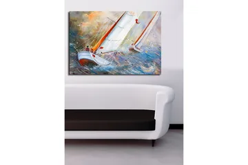 Lerretsbilde 70x100 cm - Seilbåter som navigerer gjennom stormfulle farvann - Blå / Hvit / Oransje - Interiør - Maleri & posters - Lerretsbilder