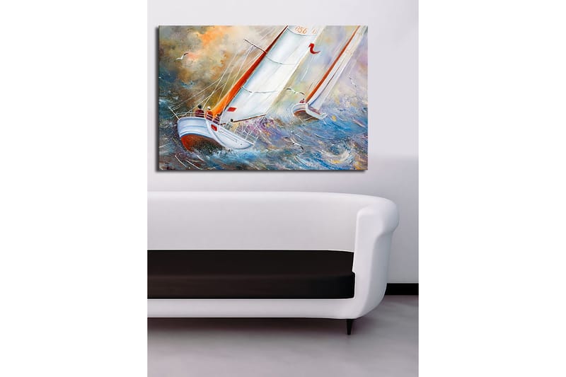 Lerretsbilde 70x100 cm - Seilbåter som navigerer gjennom stormfulle farvann - Blå / Hvit / Oransje - Interiør - Maleri & posters - Lerretsbilder
