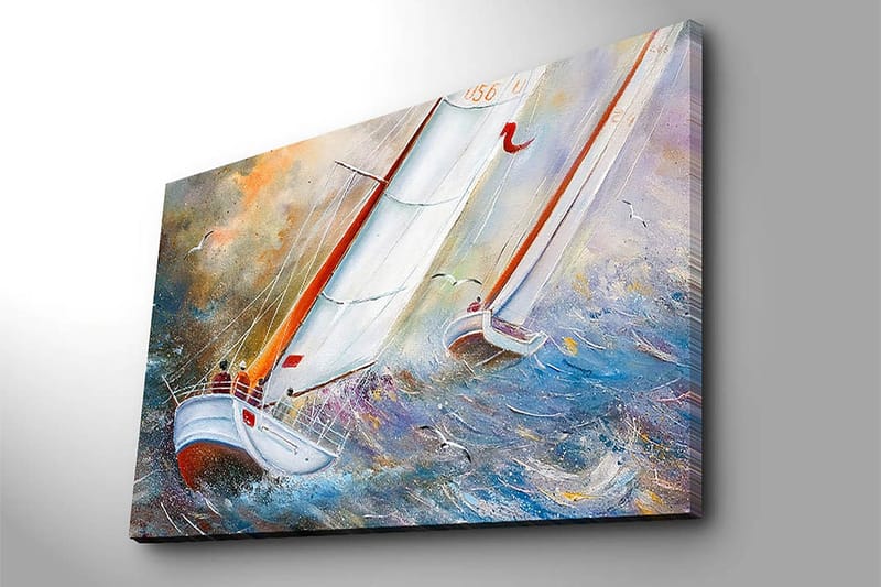 Lerretsbilde 70x100 cm - Seilbåter som navigerer gjennom stormfulle farvann - Blå / Hvit / Oransje - Interiør - Maleri & posters - Lerretsbilder
