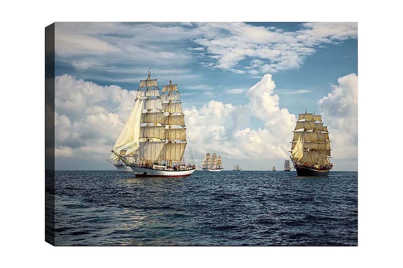Lerretsbilde 70x100 cm - Seilbåter som navigerer på åpent hav under klar himmel, Blå / Hvit / Beige
