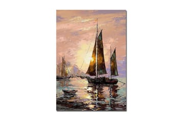 Lerretsbilde 70x100 cm - Seilbåter ved solnedgang ved sjøen - Mørk brun / Gull / Lys rosa - Interiør - Maleri & posters - Lerretsbilder