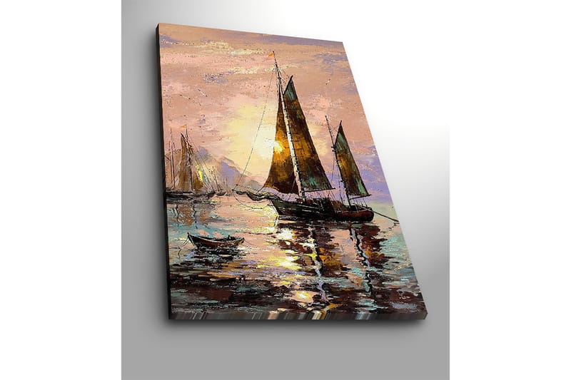 Lerretsbilde 70x100 cm - Seilbåter ved solnedgang ved sjøen - Mørk brun / Gull / Lys rosa - Interiør - Maleri & posters - Lerretsbilder