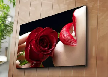 Lerretsbilde 70x100 cm - Sensuell nærbilde av en rose holdt tett inntil en leppe med rød leppestift - Rød / Grønn - Interiør - Maleri & posters - Lerretsbilder