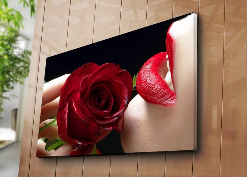 Lerretsbilde 70x100 cm - Sensuell nærbilde av en rose holdt tett inntil en leppe med rød leppestift - Rød / Grønn - Interiør - Maleri & posters - Lerretsbilder