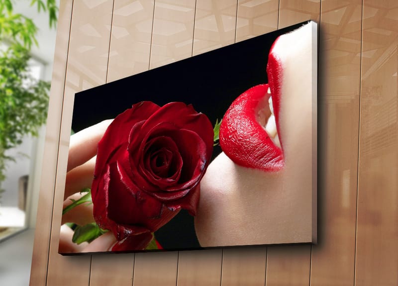 Lerretsbilde 70x100 cm - Sensuell nærbilde av en rose holdt tett inntil en leppe med rød leppestift - Rød / Grønn - Interiør - Maleri & posters - Lerretsbilder