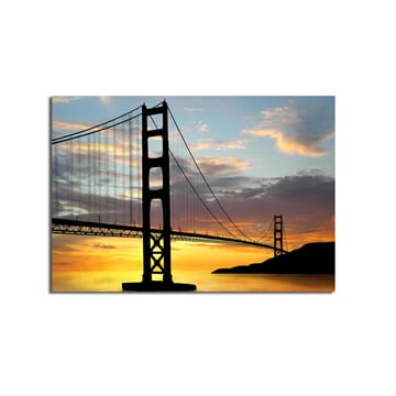 Lerretsbilde 70x100 cm - Silhuett av en bro mot en fargerik solnedgang - Oransje / Svart / Blå - Interiør - Maleri & posters - Lerretsbilder