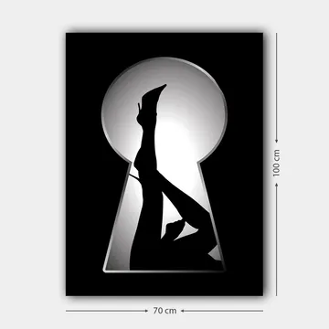 Lerretsbilde 70x100 cm - Silhuett av en kvinne i høye hæler gjennom et nøkkelhull - Svart / Hvit - Interiør - Maleri & posters - Lerretsbilder
