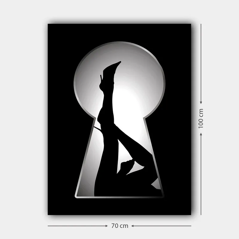 Lerretsbilde 70x100 cm - Silhuett av en kvinne i høye hæler gjennom et nøkkelhull - Svart / Hvit - Interiør - Maleri & posters - Lerretsbilder