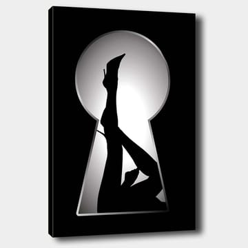 Lerretsbilde 70x100 cm - Silhuett av en kvinne i høye hæler gjennom et nøkkelhull - Svart / Hvit - Interiør - Maleri & posters - Lerretsbilder