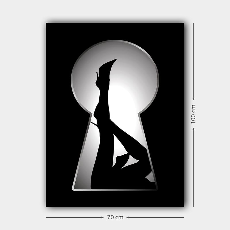 Lerretsbilde 70x100 cm - Silhuett av en kvinne i høye hæler gjennom et nøkkelhull - Svart / Hvit - Interiør - Maleri & posters - Lerretsbilder