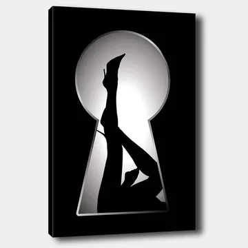 Lerretsbilde 70x100 cm - Silhuett av en kvinne i høye hæler gjennom et nøkkelhull - Svart / Hvit - Interiør - Maleri & posters - Lerretsbilder