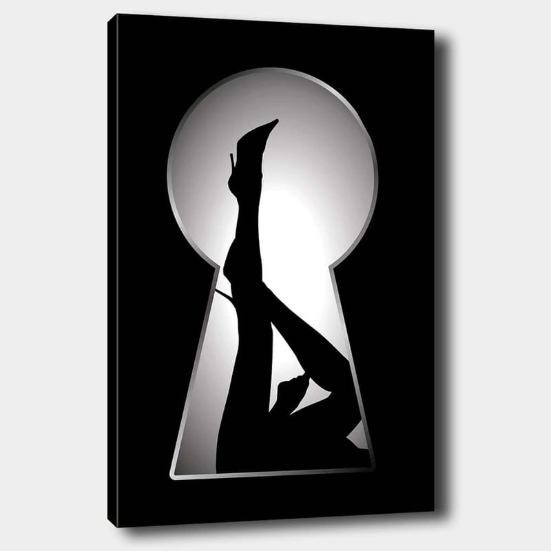 Lerretsbilde 70x100 cm - Silhuett av en kvinne i høye hæler gjennom et nøkkelhull, Svart / Hvit