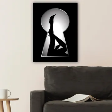 Lerretsbilde 70x100 cm - Silhuett av en kvinne i høye hæler gjennom et nøkkelhull - Svart / Hvit - Interiør - Maleri & posters - Lerretsbilder
