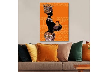 Lerretsbilde 70x100 cm - Silhuett av en kvinne med en potte og frukt på hodet, omgitt av geometriske mønstre - Svart / Oransje / Beige - Interiør - Maleri & posters - Lerretsbilder