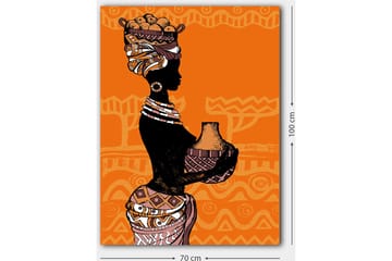 Lerretsbilde 70x100 cm - Silhuett av en kvinne med en potte og frukt på hodet, omgitt av geometriske mønstre - Svart / Oransje / Beige - Interiør - Maleri & posters - Lerretsbilder