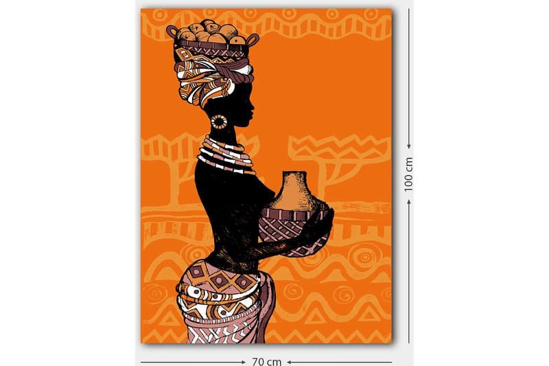 Lerretsbilde 70x100 cm - Silhuett av en kvinne med en potte og frukt på hodet, omgitt av geometriske mønstre - Svart / Oransje / Beige - Interiør - Maleri & posters - Lerretsbilder