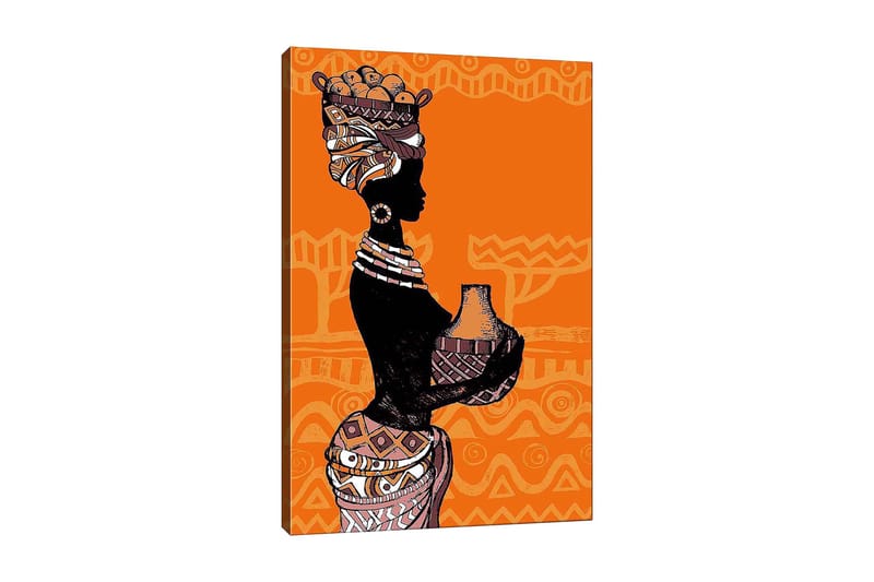 Lerretsbilde 70x100 cm - Silhuett av en kvinne med en potte og frukt på hodet, omgitt av geometriske mønstre, Svart / Oransje / Beige