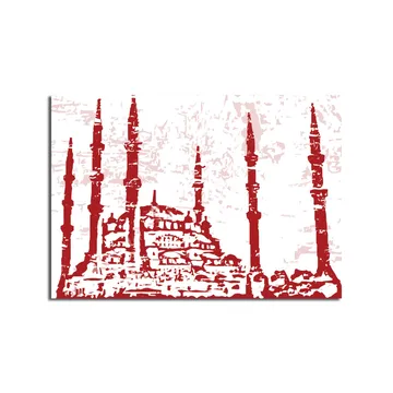Lerretsbilde 70x100 cm - Silhuett av en moské med flere minareter i et stilisert design - Rød / Lys rosa - Interiør - Maleri & posters - Lerretsbilder