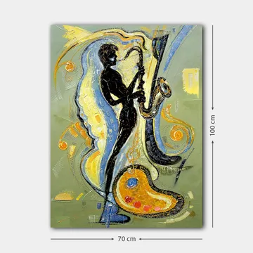 Lerretsbilde 70x100 cm - Silhuett av en saksofonist omgitt av musikalske elementer og fargerike mønstre - Svart / Gull / Blå - Interiør - Maleri & posters - Lerretsbilder