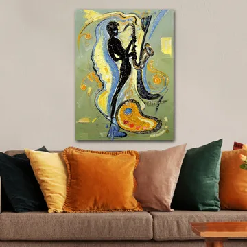 Lerretsbilde 70x100 cm - Silhuett av en saksofonist omgitt av musikalske elementer og fargerike mønstre - Svart / Gull / Blå - Interiør - Maleri & posters - Lerretsbilder