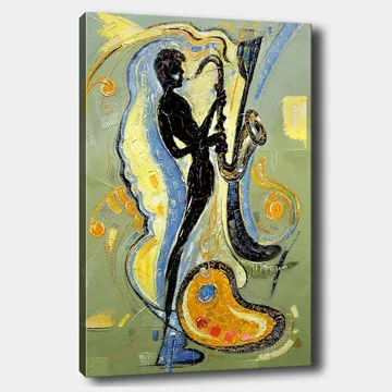 Lerretsbilde 70x100 cm - Silhuett av en saksofonist omgitt av musikalske elementer og fargerike mønstre - Svart / Gull / Blå - Interiør - Maleri & posters - Lerretsbilder