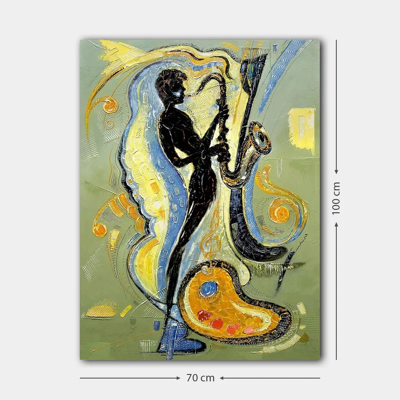 Lerretsbilde 70x100 cm - Silhuett av en saksofonist omgitt av musikalske elementer og fargerike mønstre - Svart / Gull / Blå - Interiør - Maleri & posters - Lerretsbilder