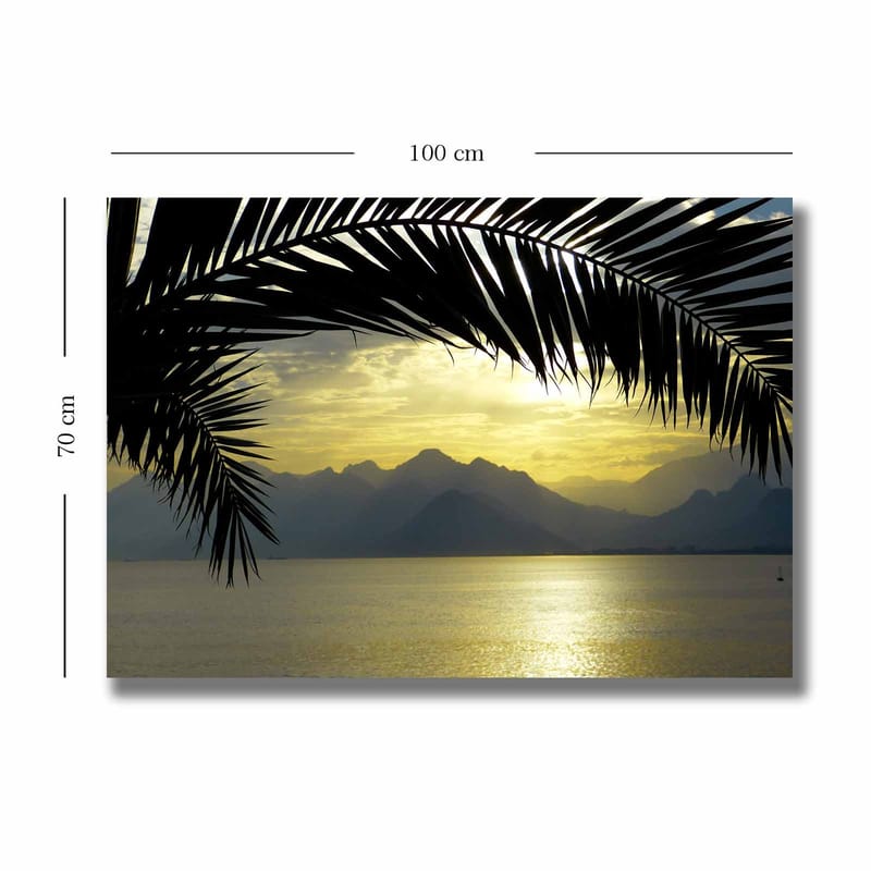 Lerretsbilde 70x100 cm - Silhuett av palmer mot en gyllen solnedgang over fjellene og havet - Svart / Gull / Grå - Interiør - Maleri & posters - Lerretsbilder