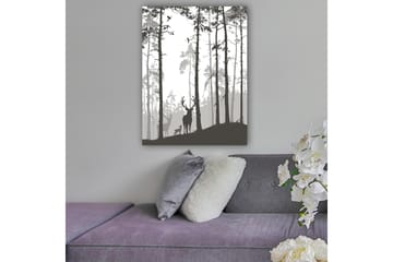 Lerretsbilde 70x100 cm - Silhuetter av hjort i skogsmiljø - Svart / Grå / Hvit - Interiør - Maleri & posters - Lerretsbilder