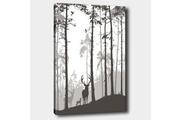 Lerretsbilde 70x100 cm - Silhuetter av hjort i skogsmiljø - Svart / Grå / Hvit - Interiør - Maleri & posters - Lerretsbilder