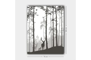 Lerretsbilde 70x100 cm - Silhuetter av hjort i skogsmiljø - Svart / Grå / Hvit - Interiør - Maleri & posters - Lerretsbilder