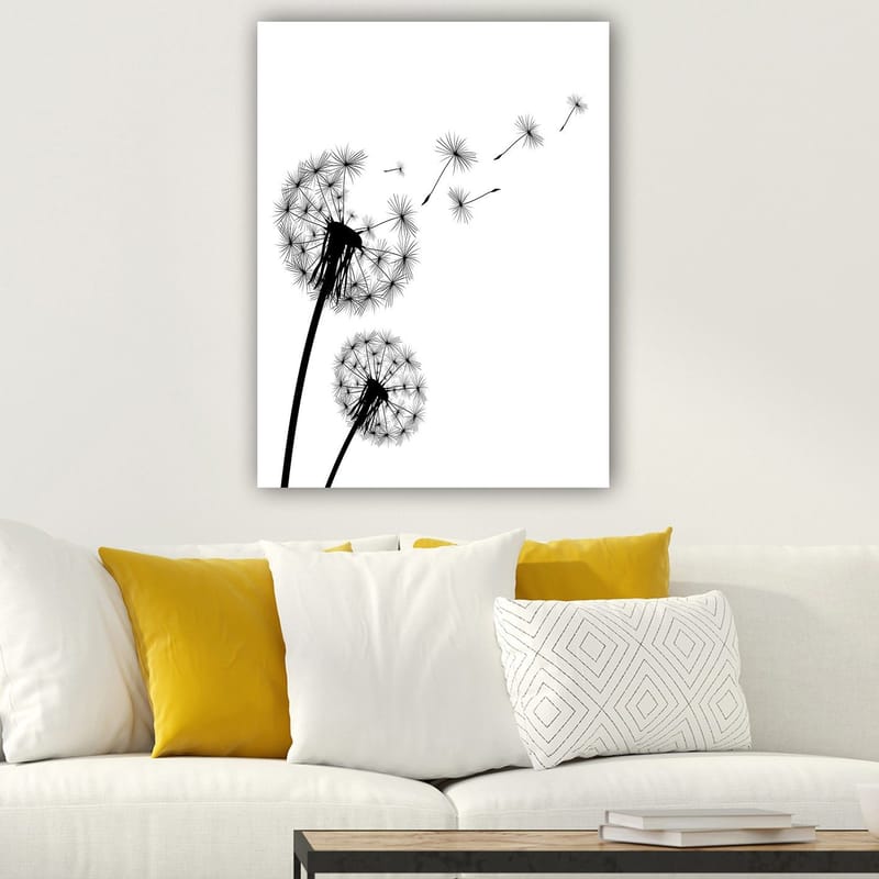 Lerretsbilde 70x100 cm - Silhuetter av løvetann som sprer frøene sine i vinden - Svart / Hvit - Interiør - Maleri & posters - Lerretsbilder