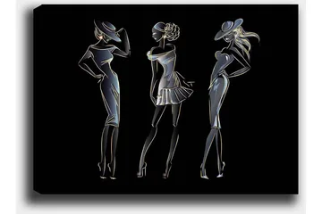 Lerretsbilde 70x100 cm - Silhuetter av tre elegante kvinner i moteklær - Svart / Gull / Hvit - Interiør - Maleri & posters - Lerretsbilder