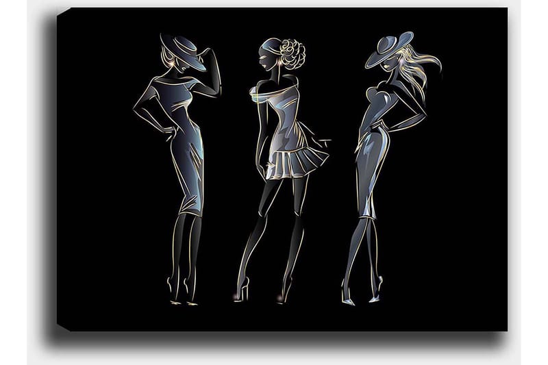 Lerretsbilde 70x100 cm - Silhuetter av tre elegante kvinner i moteklær - Svart / Gull / Hvit - Interiør - Maleri & posters - Lerretsbilder