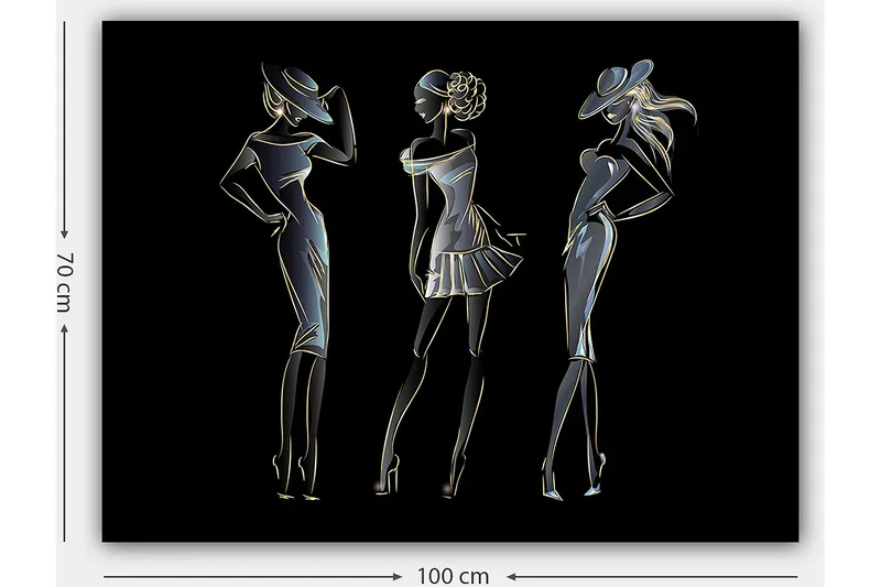 Lerretsbilde 70x100 cm - Silhuetter av tre elegante kvinner i moteklær - Svart / Gull / Hvit - Interiør - Maleri & posters - Lerretsbilder