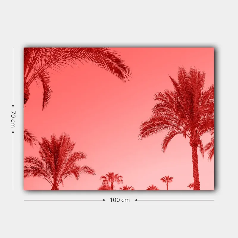 Lerretsbilde 70x100 cm - Silhuetter av palmer mot en rødlig himmel - Rød / Rosa - Interiør - Maleri & posters - Lerretsbilder