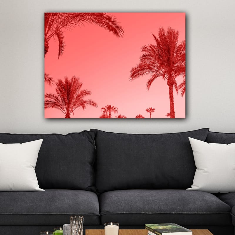Lerretsbilde 70x100 cm - Silhuetter av palmer mot en rødlig himmel - Rød / Rosa - Interiør - Maleri & posters - Lerretsbilder