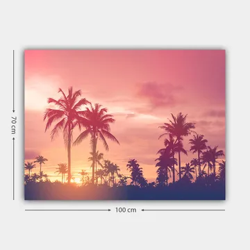 Lerretsbilde 70x100 cm - Silhuetter av palmer mot en fargerik solnedgang - Rosa / Lilla / Svart - Interiør - Maleri & posters - Lerretsbilder