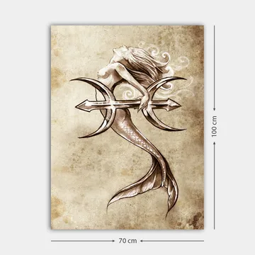 Lerretsbilde 70x100 cm - Sirene som holder en trefork og rekker ut mot himmelen - Beige / Brun / Hvit - Interiør - Maleri & posters - Lerretsbilder